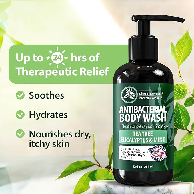 Derma-Nu Therapeutic Antibacterial Soap & Tea Tree Body Wash – For Jock Itch, Athlete’s Foot, Eczema & Back Acne –For Men and Women Safe for All Skin Types – 12 oz