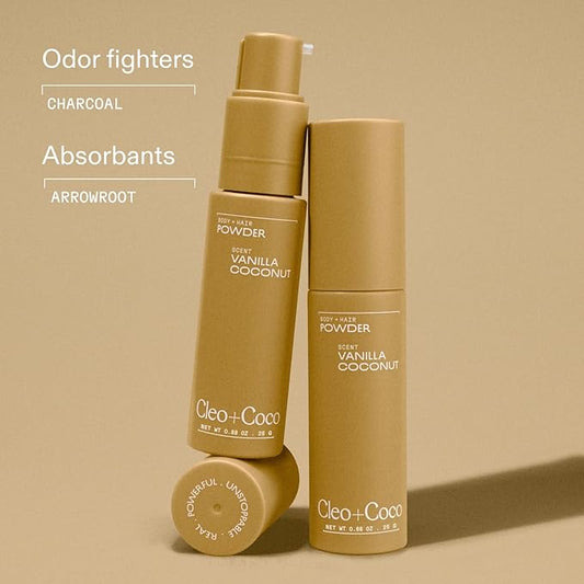 Cleo + Coco. Deodorant Powder for Body and Hair, Vanilla Coconut (0.88 oz), 2-in-1 Deo Powder & Dry Shampoo for Women & Men, Aluminum Free Deodorant, Talc-Free, Anti Chafe Protector, Travel-Size