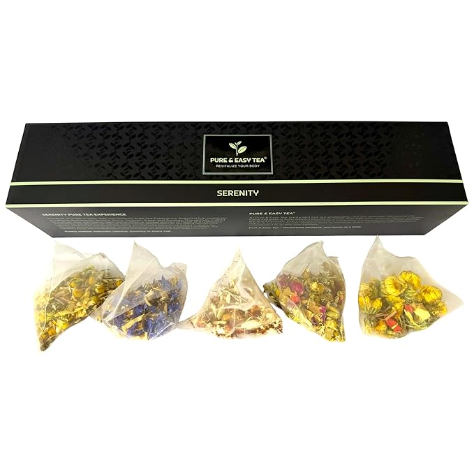 Pure And Easy Tea, Serenity Herbal Tea Sampler, 15 Count Caffeine-Free Variety with 5 Flavors, Natural Loose Leaf Blends in BPA-Free Pyramid Bags, Wellness Gift Box, 49.5g