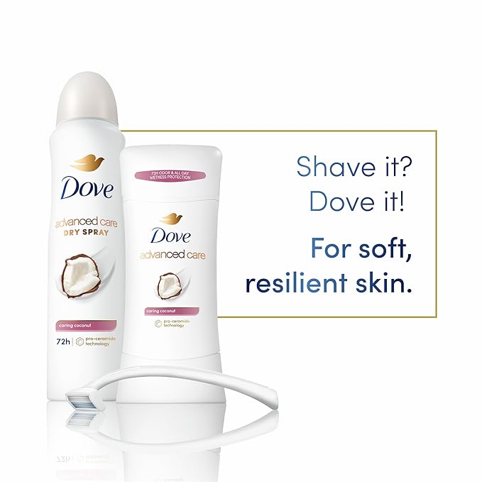 Dove Advanced Care Antiperspirant Deodorant Stick Caring Coconut 4 ct for helping your skin barrier repair after shaving 72-hour odor control and sweat protection with Pro-Ceramide Technology 2.6 oz