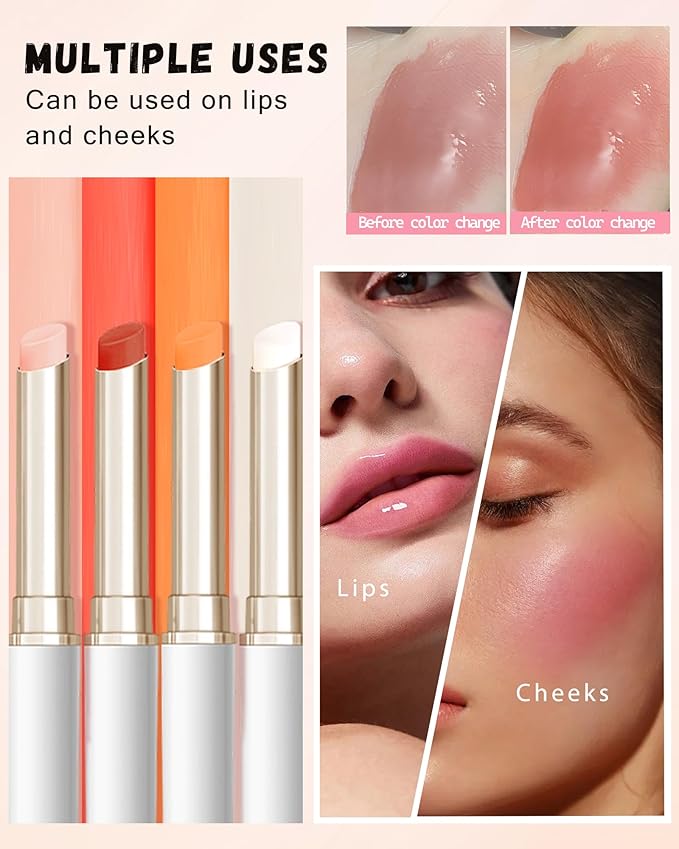 PH Color Changing Lipstick, Waterproof Temperature Color Change Lip Balm, Multi-Use Lip and Cheek Tinted Lip Gloss, Long-Lasting Hydrating Moisturizing Lip Tint,Festival Makeup Gift for Women-03 Peach