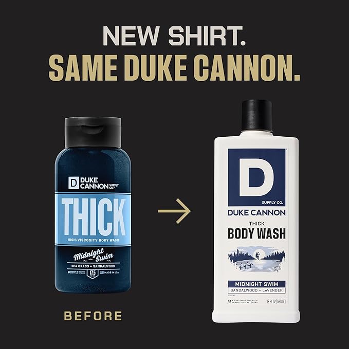 Duke Cannon Supply Co. Thick High Viscosity Body Wash - 3X Thicker, Cleansing Shower and Bath Gel, Mineral-Enriched Body Wash for Men - Sandalwood + Lavender - Mens Body Scrub - Midnight Swim (18 oz)