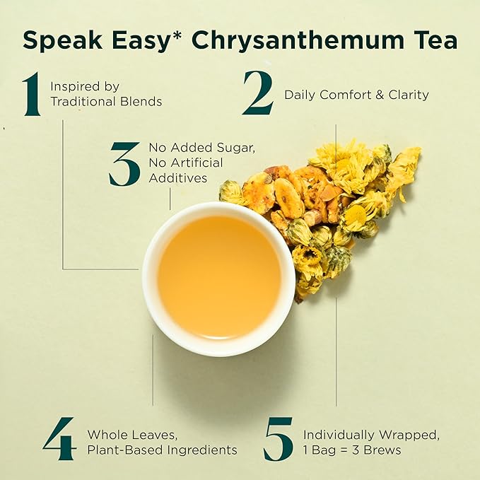 Tea Facto Speak Easy* Chrysanthemum Tea Bags with Licorice Root, Mulva Nuts Monk Fruit - Natural Fiber, No Added Sugar, No Caffeine - 10 Count