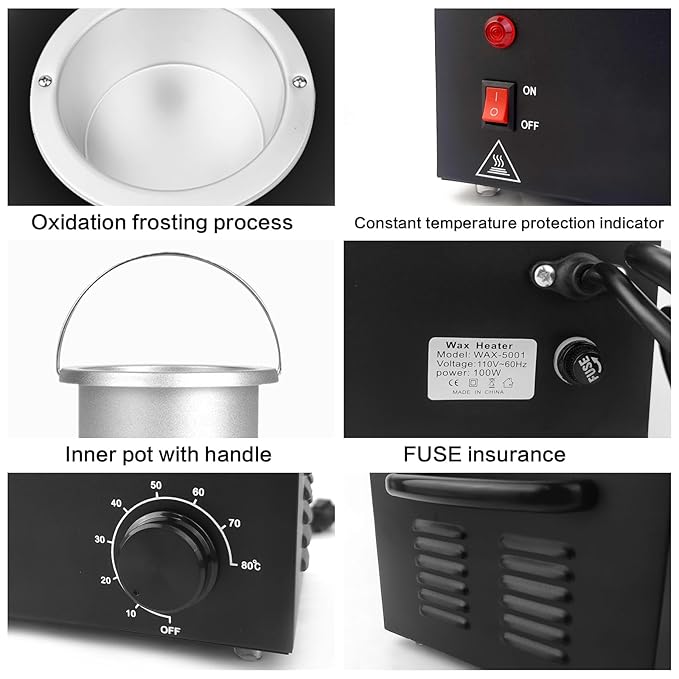 Portable Wax Warmer Machine for Painless Hair Removal, Women Men Professional Wax Heater with Adjustable Temperature Set, 20pcs Sticks, 1 Silicone Bowl (Black- Single Pot)
