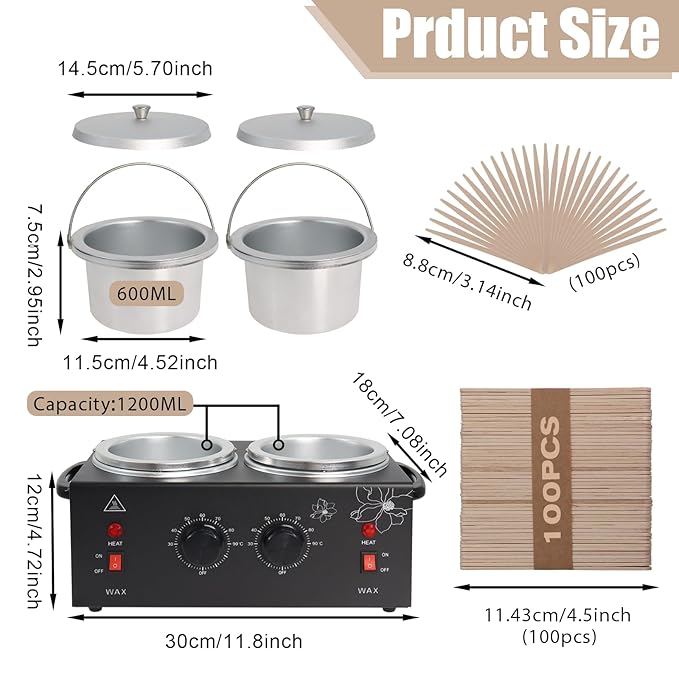 Wax Warmer Double Pot, Professional Electric Heater for Facial, Body, Spa, and Salon, 1.2L Dual Adjustable Temperature with 100 Wooden Craft Sticks, Hair Removal (Black)