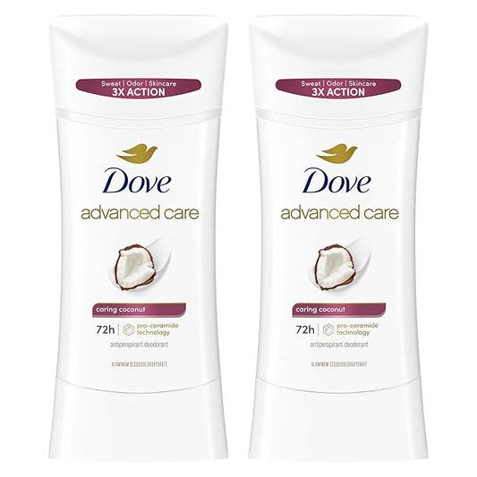 Dove Advanced Care Antiperspirant Caring Coconut, 2 Count Deodorant Stick for Women, for 48 Hour Protection And Soft And Comfortable Underarms, 2.6 oz