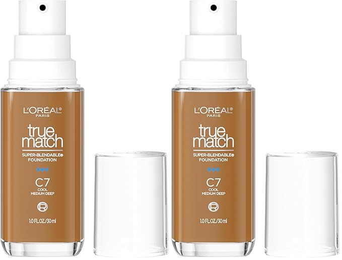 L'Oreal Paris True Match Super-Blendable Foundation, Medium Coverage Liquid Foundation Makeup, C7, Medium Deep, 1 Fl Oz (Pack of 2)