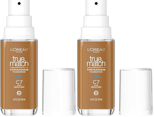 L'Oreal Paris True Match Super-Blendable Foundation, Medium Coverage Liquid Foundation Makeup, C7, Medium Deep, 1 Fl Oz (Pack of 2)