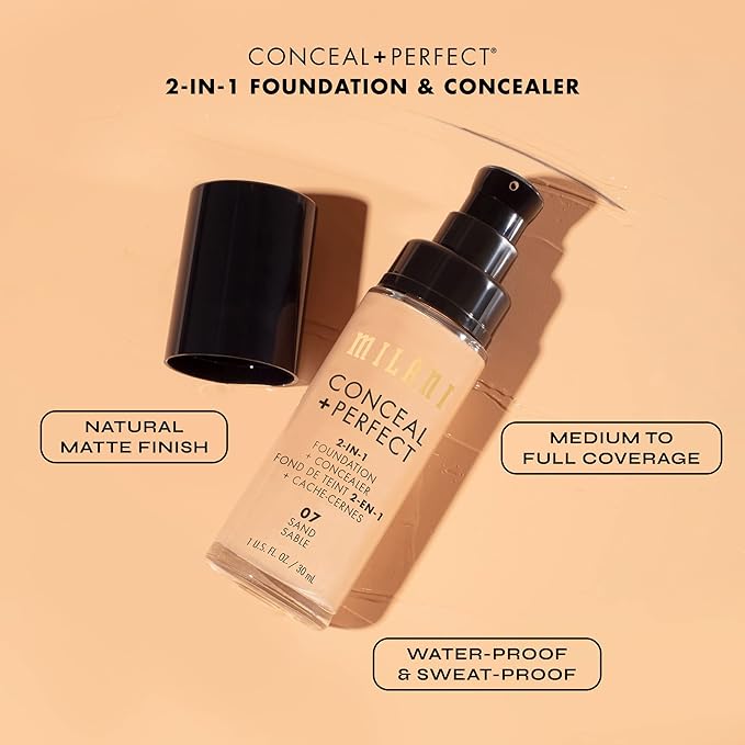 Milani Conceal + Perfect 2-in-1 Foundation + Concealer for a Flawless Complexion, Under Eye Corrector, Cover Redness and Imperfections, Waterproof and Sweatproof - Nude