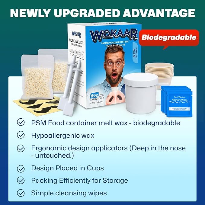 Nose Wax Kit |100g Wax, 30 Applicators | No Microwave Needed | Ear and Nose Hair Removal Waxing Kit for Men and Women | Pre/Post-Waxing Wipes | Mustache| Ear Hair Removar, 5 Weeks Lasting