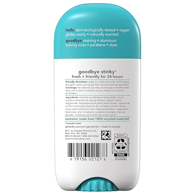 hello Clean and Fresh Aluminum Free Deodorant for Women and Men with Charcoal, 24-Hour Freshness, Baking Soda Free Deodorant, Dermatologically Tested, 2.6 oz Stick (2 Pack)