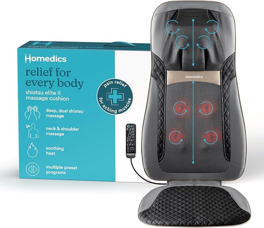 Homedics Back Massager with Heat, Shiatsu Elite II Heated Neck and Back Massage Cushion. 3 Different Massage Styles and 3 Massage Zones. Comes with Controller and Chair Straps