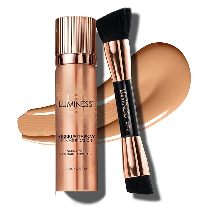 LUMINESS Silk Airbrush Spray Foundation & Buffing Brush Kit – Full Coverage Foundation & Dual-Sided Buffing Brush - Buildable Coverage, Anti-Aging Formula Hydrates & Moisturizes (Shade - Light Warm)