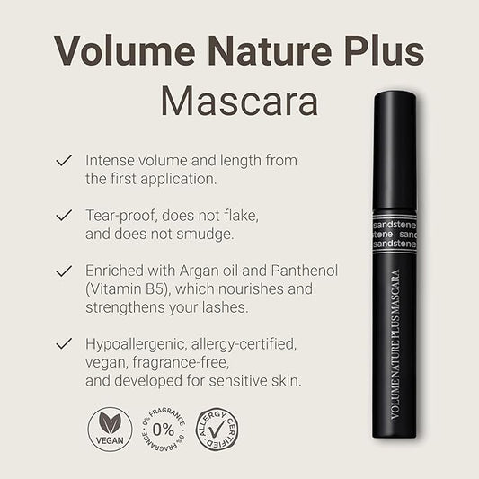 Sandstone Scandinavia Volume Nature Plus - Hypoallergenic Mascara Sensitive Eyes - Smudge- & Sweatproof, Volume and Lengthening - Allergy tested - Vegan - Non Toxic
