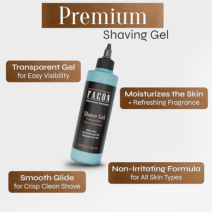 Facón Transparent Shaving Gel for Men w/Aloe Vera, Cooling Menthol, Peppermint & Sandalwood Oil Scent – Clear Non Foaming Straight Razor Shave Gel, Barber Shaving Gel to Prevent Razor Bumps, 10 fl oz