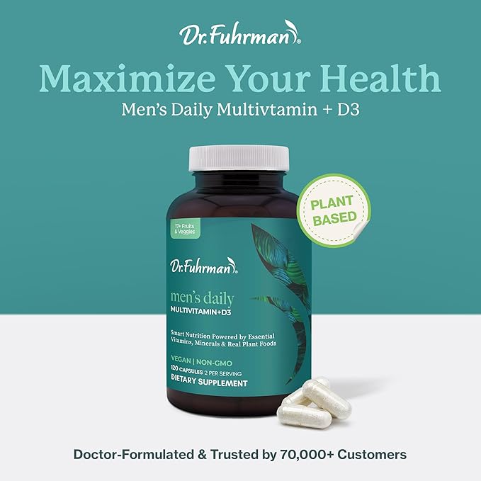 Dr. Fuhrman Multivitamin for Men + D3 Vitamin for Immune Support | Vegan Formula Men’s Multivitamin with B12 & Zinc | Whole Food multivitamin Packed with 17 Fruits & Veggies | Non GMO | 120 Capsule