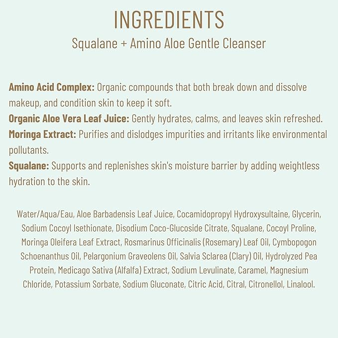 BIOSSANCE Squalane + Amino Aloe Gentle Face Wash – Foaming Facial Cleanser Gel – Hydrating for All Skin Types – Removes Makeup & Deeply Cleans Pores with Moringa Extract – Soothes with Aloe Vera