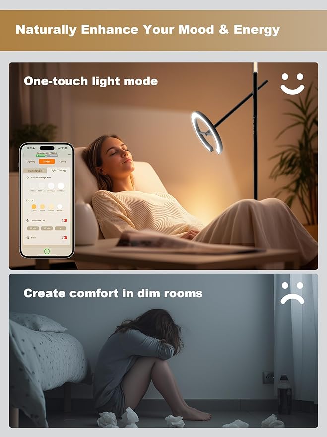 GLOWRIUM Smart Wake Up Light Therapy Lamp with App, 10000 Lux Full-Spectrum Happy Therapy Light, UV-Free Sun Lamp, Circadian Rhythm, Remote, Timer, Cozy Light Settings for Winding Down