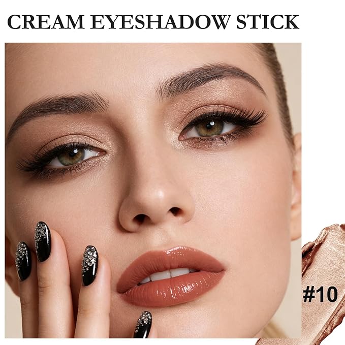 Dual-Ended Cream Eyeshadow Stick, Shimmer Waterproof Long-Lasting Crease-Proof Glitter Eye shadow Pencil for Women, Smooth Blendable Eye Shadow Crayon with Built-in Smudger, 10 Golden Pearl