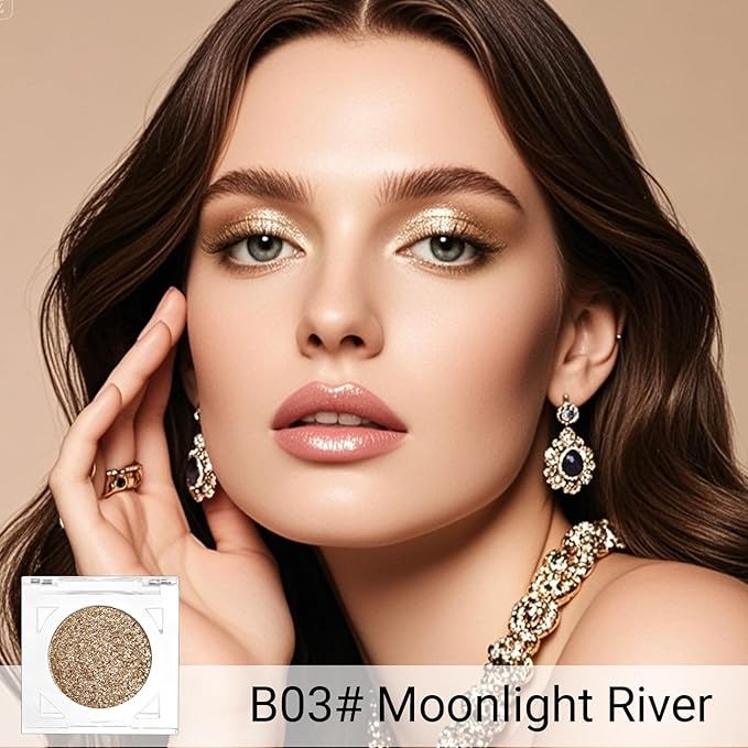 Erinde Glitter Shimmer Sparkle Eye Shadow Palette Makeup, Champagne Shimmer Eyeshadow, Metallic Holographic Iridescent Cream Iridescent Single Monochrome Eyeshadow Makeup, 03 Moonlight River