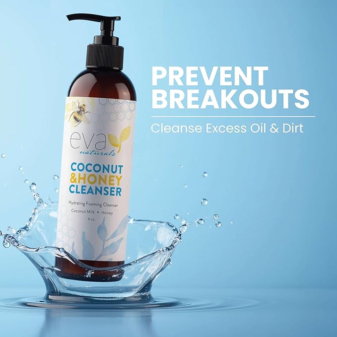 Eva Naturals Coconut & Honey Foaming Face Wash – Gentle Hydrating Facial Cleanser for Sensitive & Aging Skin – Removes Makeup, Dirt & Oil – Soothing Aloe & Royal Jelly – 6 Fl Oz