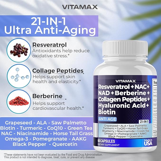 Resveratrol NAD+ Berberine Hyaluronic Acid - Biotin Grape & Blueberry + NAC - Collagen Peptides - Hair, Nail, Skin & Joint Supplement - 21-in-1 Women and Men - Made in USA - 120 Count