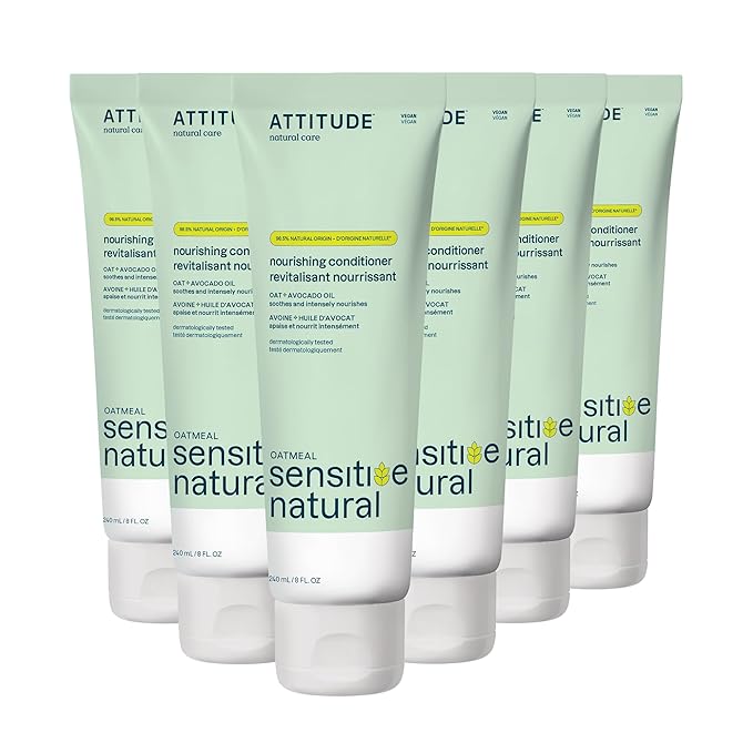 ATTITUDE Hair Conditioner for Sensitive Dry Scalp, Dry and Damaged Hair, Soothing Oat, Naturally Derived Ingredients, Dermatologically Tested, Vegan Detangler, Nourishing, 8 Fl Oz (Pack of 6)