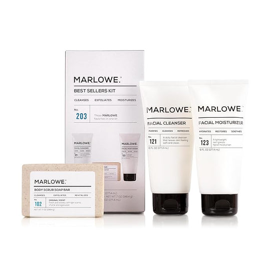 MARLOWE. Best Sellers Kit No. 203, Features Signature No. 102 Original Body Scrub Soap Bar, No. 121 Facial Cleanser & No. 123 Facial Moisturizer, Great Gift for Men