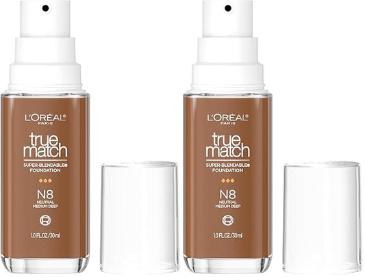 L'Oreal Paris True Match Super-Blendable Foundation, Medium Coverage Liquid Foundation Makeup, N8, Medium Deep, 1 Fl Oz (Pack of 2)
