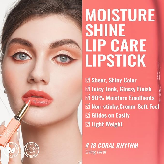 Oulac Shine Orange Lipstick for Women, 2 in 1 Glossy Coral Orange Tinted Lip Balm, Hydrating Lipstick for Dry Lips, Moisture Shine Juicy Finish Vegan 2.2g/0.07oz (18)