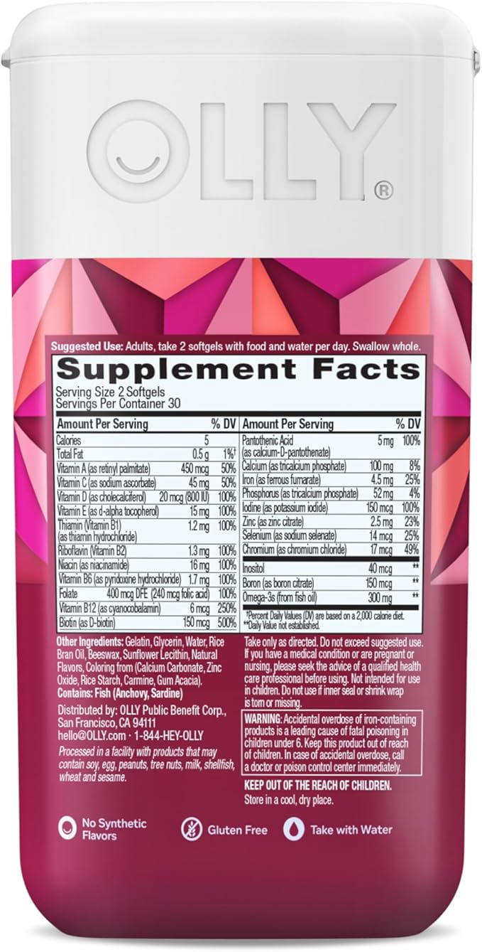 OLLY Ultra Women's Multi Softgels, Overall Health and Immune Support, Omega-3s, Iron, Vitamins A, D, C, E, B12, Daily Multivitamin, 30 Day Supply - 60 Count