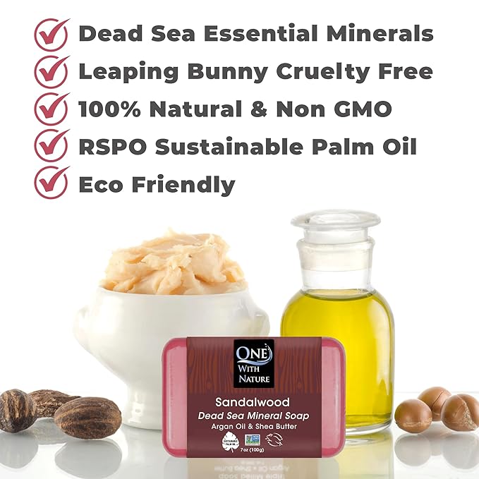 One With Nature Dead Sea Salt Sandalwood Soap 4oz 3-Pack – Purifying and Exfoliating Soap Bar with Dead Sea Minerals and Sandalwood for Face & Body, for Men & Women