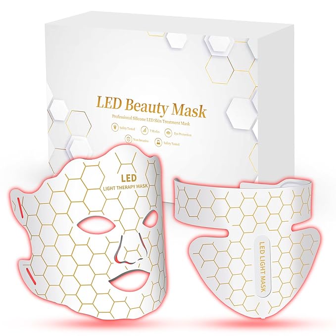 Yahi Red Light Photon Facial & Neck Mask with Remote Control, 7 Custom Modes with Infrared, Portable & Rechargeable with Timer for Home Use, 175 High-Density Light Beads, White