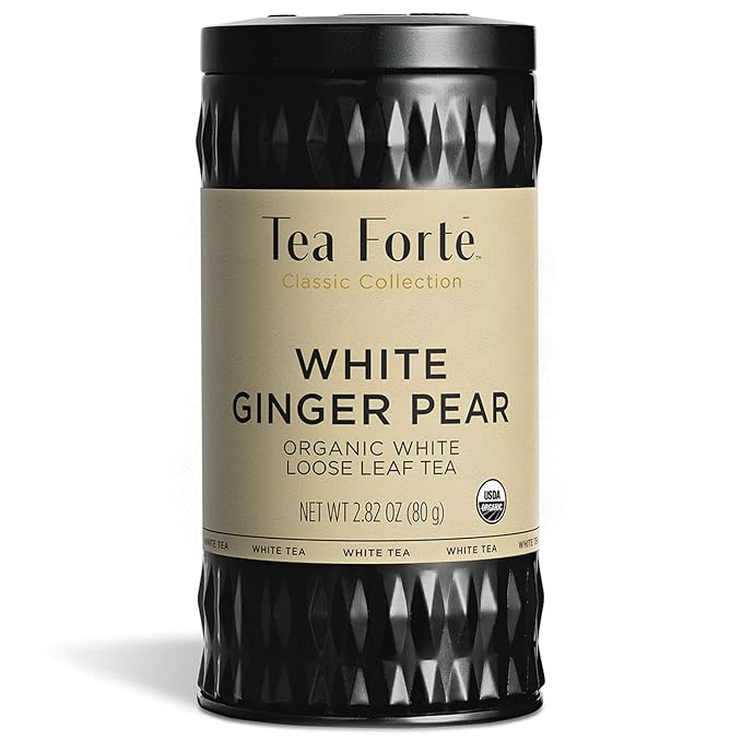 Tea Forte White Ginger Pear Premium Organic Loose Leaf Caffeinated White Tea Blend Canister, Makes 35-50 Cups