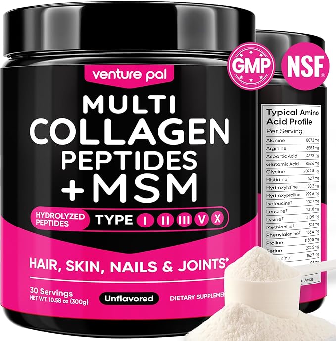 Venture Pal Multi Collagen Protein Powder Type I, II, III, V, X - Hydrolyzed Collagen Peptides MSM + GC & Vitamin C Collagen Supplement for Women & Men | Joint, Hair, Skin & Nail Support | Non-GMO