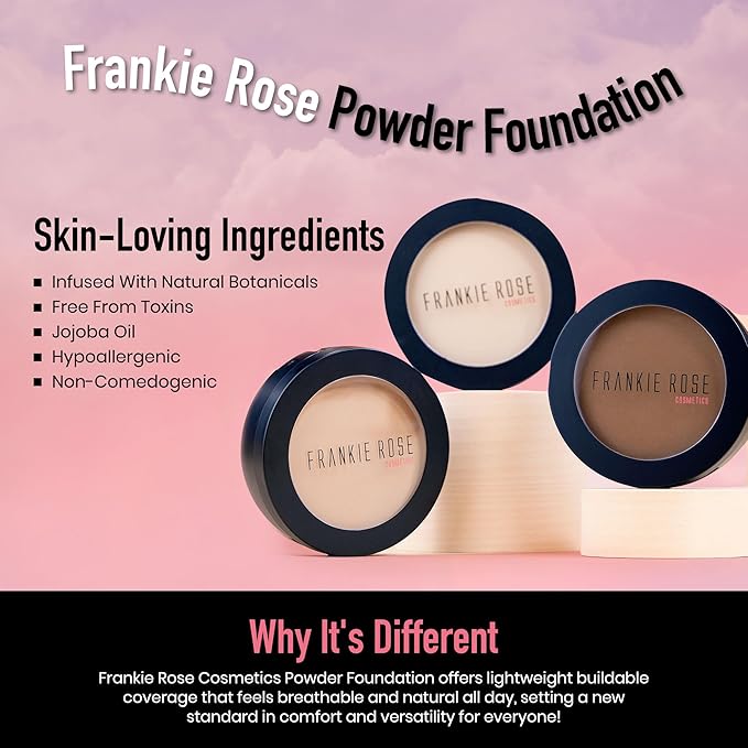 Frankie Rose Cosmetics Powder Foundation – Full Coverage Face Powder For Pores & Imperfections, Evens Out Skin Tone & Shine-Control | 58 Grams (Buff)