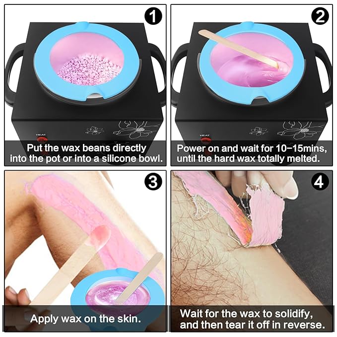 Portable Wax Warmer Machine for Painless Hair Removal, Women Men Professional Wax Heater with Adjustable Temperature Set, 20pcs Sticks, 1 Silicone Bowl (Black- Single Pot)
