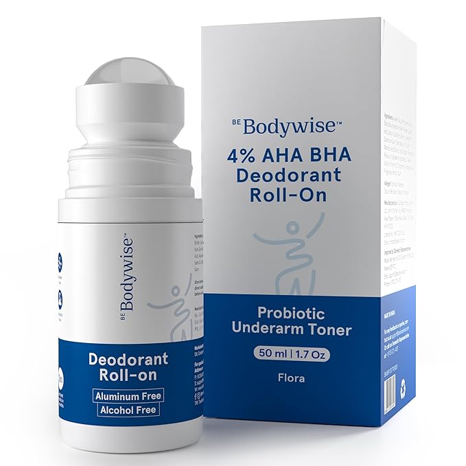 Be Bodywise Deodorant Roll on. Aluminum Free, Alcohol Free. With AHA BHA, Lactic Acid, Mandelic Acid. Prevents Odor, Reduces Pigmentation. Probiotic Toner for Women. Floral Scent. 1.7 Oz