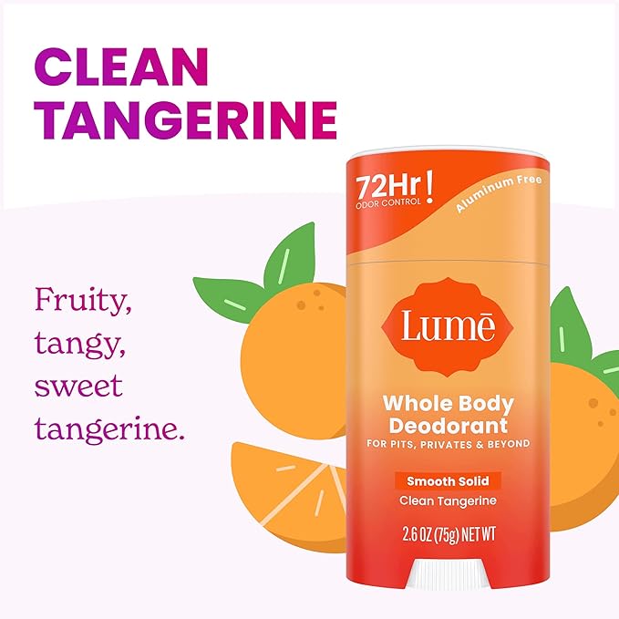 Lume Whole Body Deodorant - Smooth Solid Stick - 72 Hour Odor Control - Aluminum Free, Baking Soda Free and Skin Safe - 2.6 Ounce (Pack of 3) (Clean Tangerine, Lavender Sage, Unscented)