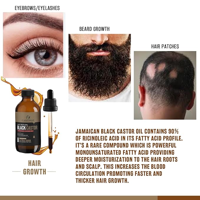 CARAWAY Jamaican Black Castor Oil for Hair Growth, Eyelashes & Eyebrows | Organic, Cold-Pressed & Unrefined | Deep Moisturizing Oil for Skin, Face & Scalp | Glass Bottle + Mascara Kit – 4 oz / 118 ml