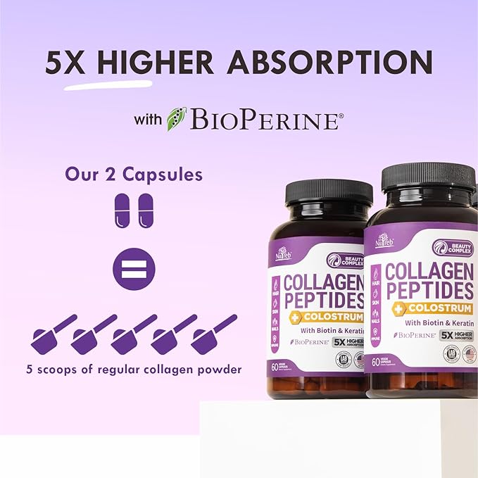 Collagen Peptides for Women with Colostrum, Biotin and Keratin - Type I, II, III, V, X - 5X Higher Absorption - Hair Skin and Nails Vitamins - Collagen for Women - Collagen Pills - 60 Capsules