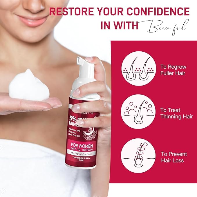 5% Minoxidil Foam for Women, Hair Regrowth Treatment for Thinning Hair and Hair Loss, Lightweight Non-Greasy Formula, Dermatologist Recommended, 2 × 60g (2-Month Supply)