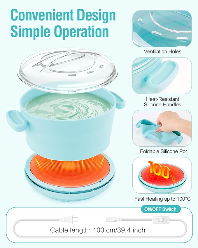 Silicone Wax Warmer for Hair Removal, Foldable Hot Wax Melter Machine for Hard and Soft Wax Beads, 18.6oz Electric Waxing Kit Silicone Heater Pot for Full Body, Legs, Face, Eyebrows & Bikini