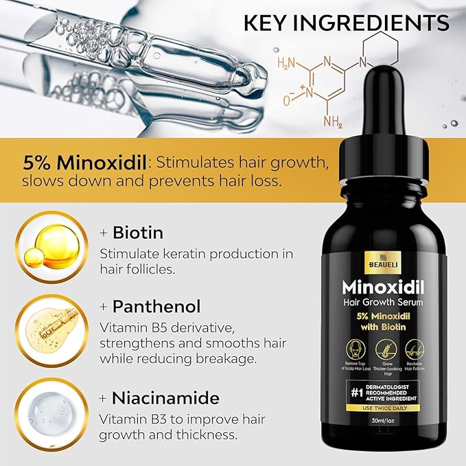 5% Minoxidil Hair Growth for Men and Women: Extra Strength Minoxidil Beard Regrowth Treatment Serum with Biotin for Thinning Hair Loss to Grow Thicker Fuller 30ml 6 Bottles