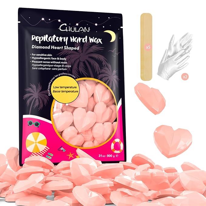 Chulan Hard Wax Beads, 900g Unscented Hypoallergenic Waxing Bead for Sensitive Skin, Heart-Shape Wax Beans for Coarse Hair Removal, Body, Brazilian Waxing, Facial, Bikini, Legs, Armpits Women Pink