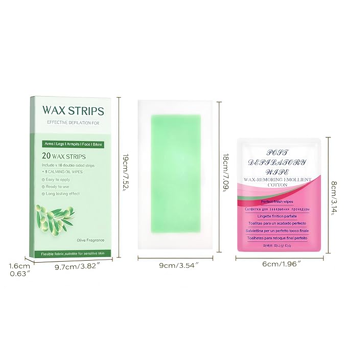 Wax Strips - Body Waxing Strips, Wax Kit for Women & Men - Brazilian Wax Kit, Back Waxing Kit, All Skin Types, Face, Arms, Legs, Armpits, Bikini, 98% Natural, Hypoallergenic Odourless, Green