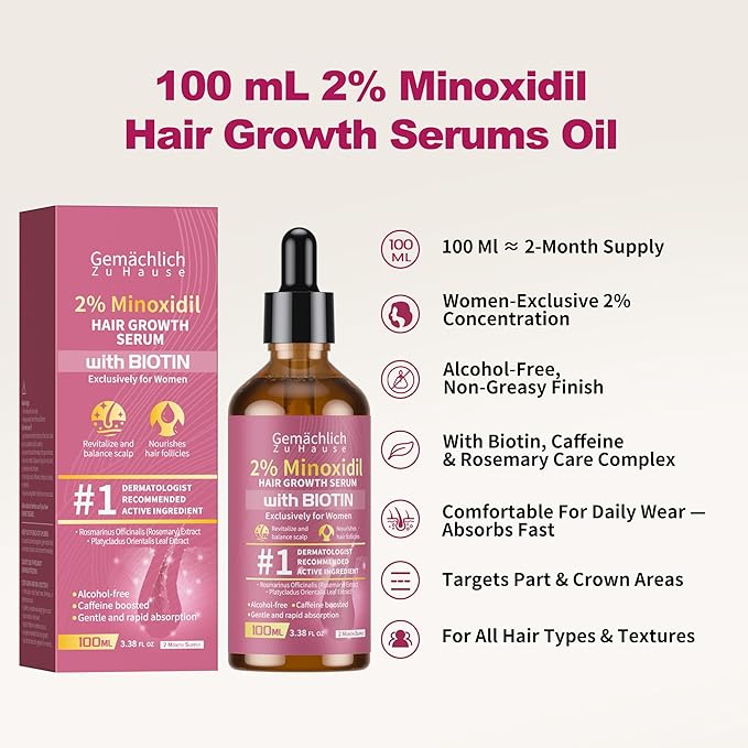 Minoxidil Hair Growth Serum, 2% Minoxidil for Women Topical Solution, Advanced Hair Regrowth Treatment for Thinning Hair Loss, Thicker Fuller Hair, with Biotin Rosemary Caffeine Jojoba Ginseng, 100mL