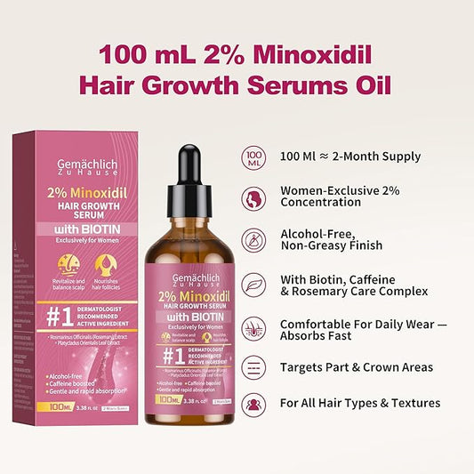 Minoxidil Hair Growth Serum, 2% Minoxidil for Women Topical Solution, Advanced Hair Regrowth Treatment for Thinning Hair Loss, Thicker Fuller Hair, with Biotin Rosemary Caffeine Jojoba Ginseng, 100mL