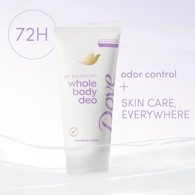Dove Whole Body Deo Aluminum Free pH Balancing Cream Deodorant Coconut & Vanilla for 72h Odor Control 2.5 oz