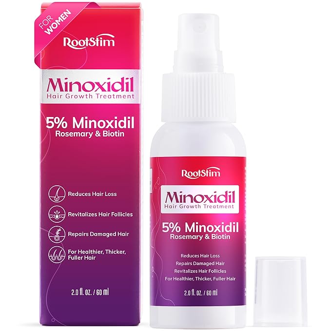 5% Minoxidil Spray for Women Hair Growth: RootStim Extra Strength Hair Regrowth Treatment with Biotin, Caffeine & Peptides for Thinning Hair, Fuller & Healthier Hair - 2 Fl Oz